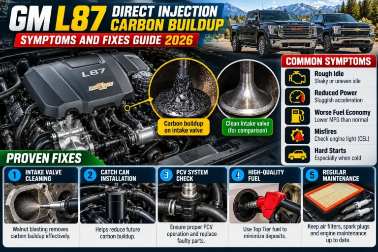 GM L87 direct injection carbon buildup guide showing dirty intake valves, common symptoms, and cleaning methods.