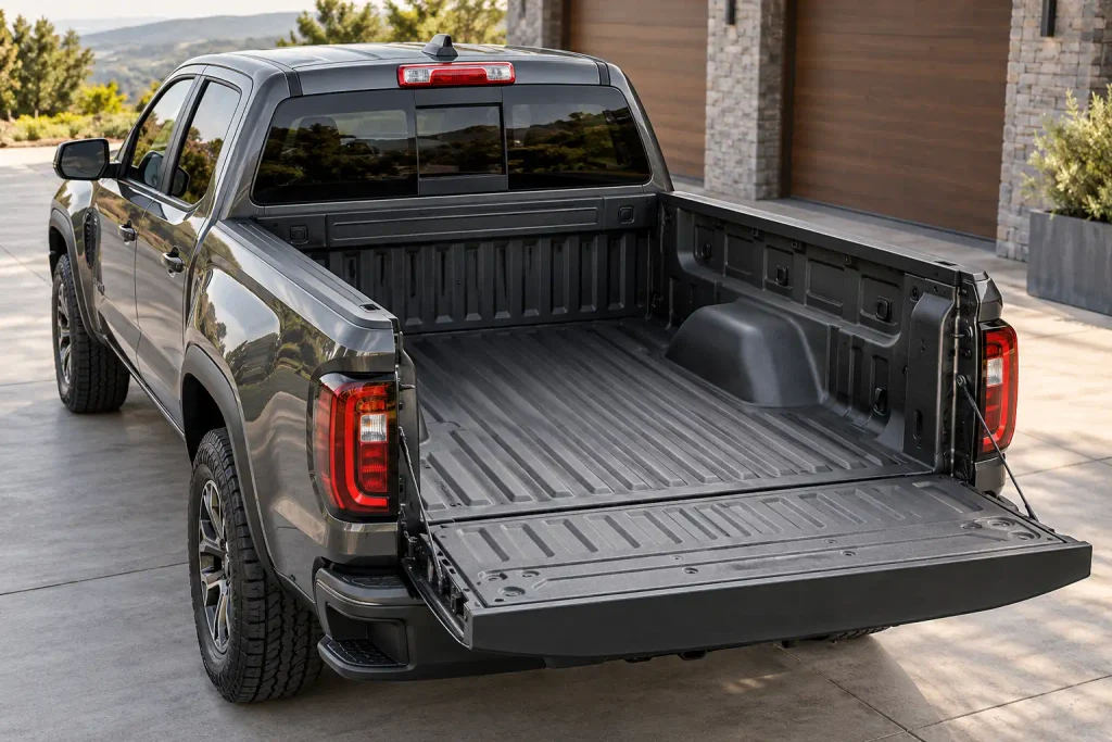 2026 GMC Canyon Crew Cab with open tailgate showing its short cargo bed