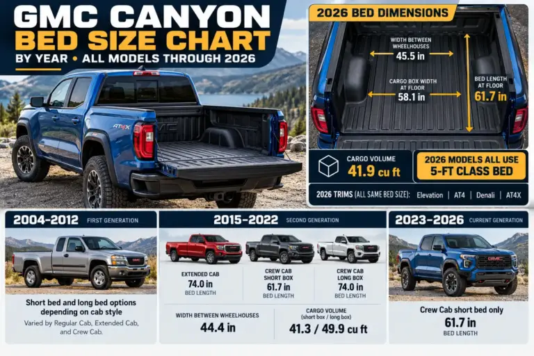 GMC Canyon bed size chart by year through 2026, comparing bed lengths, cargo width, and cargo volume across cab configurations.