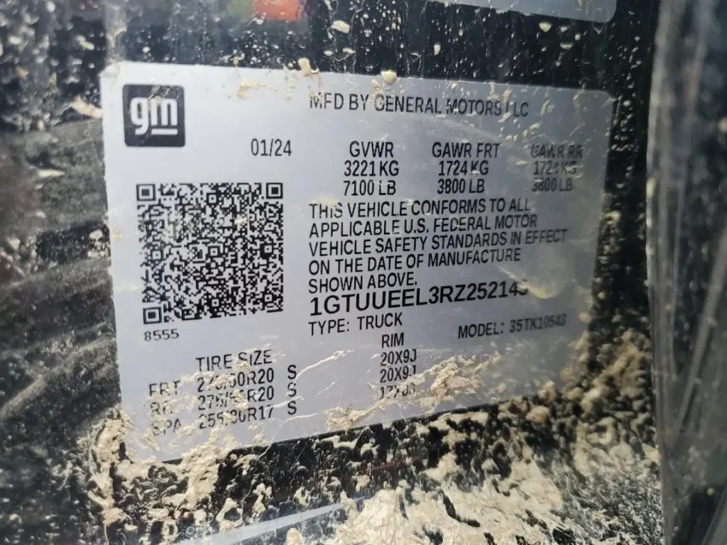 GMC Sierra 1500 driver door B-pillar label area for checking axle RPO codes