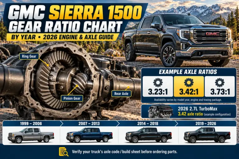 GMC Sierra 1500 gear ratio chart from 1999 to 2026 showing axle ratios, differential gears, and engine configurations