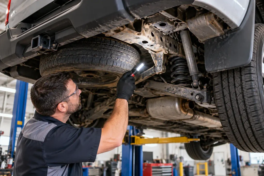 Mechanic inspecting Honda Ridgeline rear frame and suspension for corrosion
