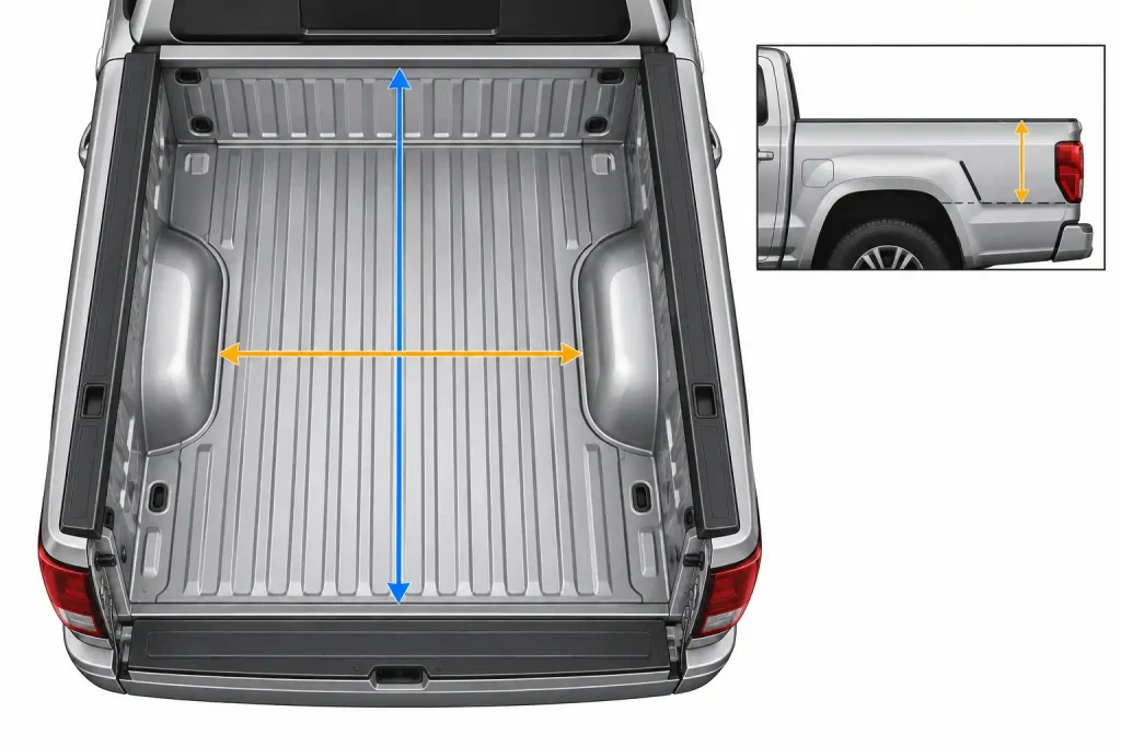 Top-down Nissan Titan truck bed diagram marking length and wheel-well width