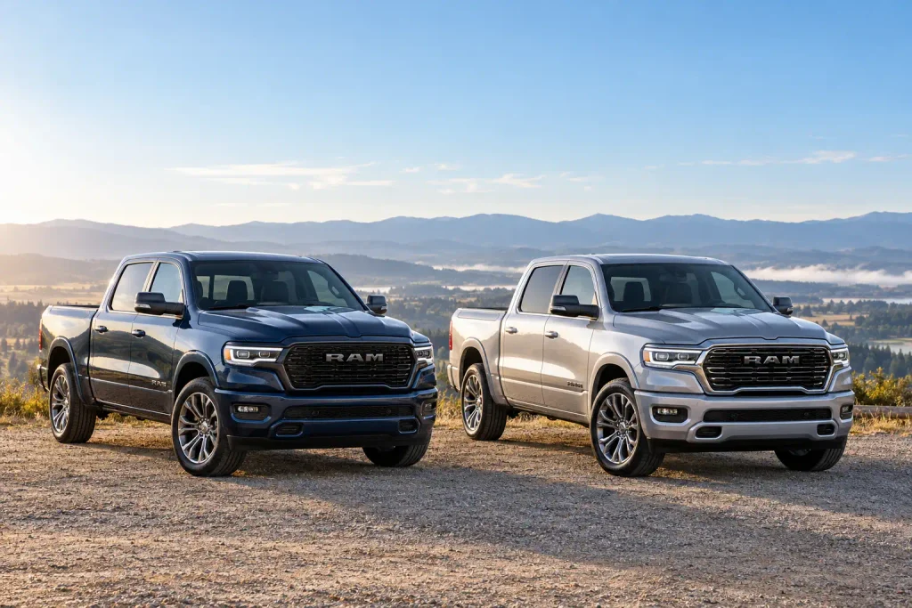 Two 2026 Ram 1500 pickups representing Hurricane SO vs 5.7 Hemi comparison