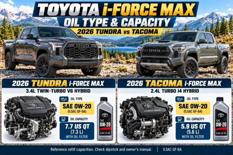 2026 Toyota i-FORCE MAX oil type and capacity chart comparing Tundra 3.4L V6 and Tacoma 2.4L turbo hybrid engines, SAE 0W-20 oil, and refill capacities.