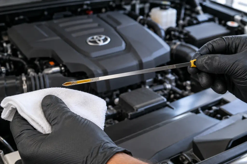 Mechanic checks engine oil between dipstick marks after a hybrid truck refill