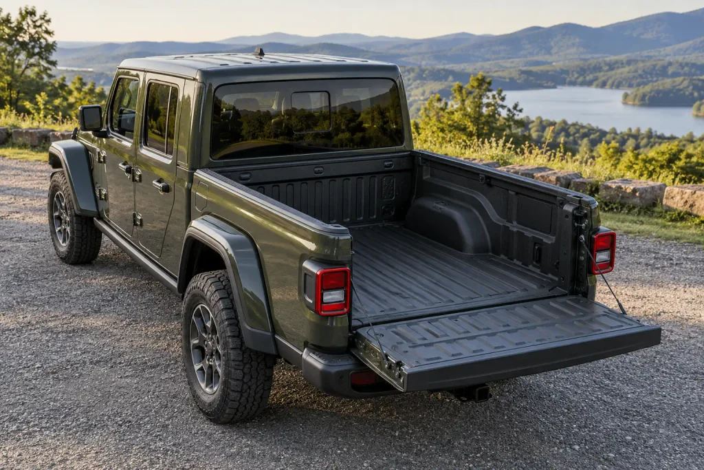 Jeep Gladiator bed size chart reference showing the five-foot cargo bed and lowered tailgate