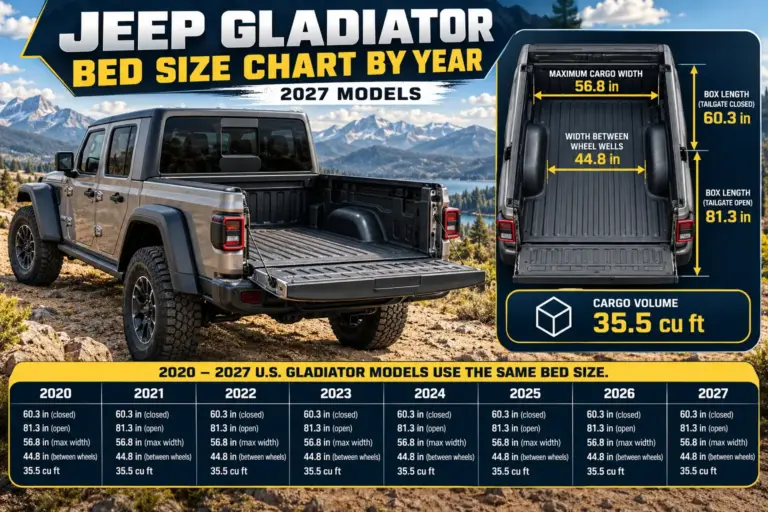Jeep Gladiator bed size chart from 2020 to 2027 showing 60.3-inch bed length, 56.8-inch width, 44.8-inch wheel well clearance, and 35.5 cubic feet of cargo volume.