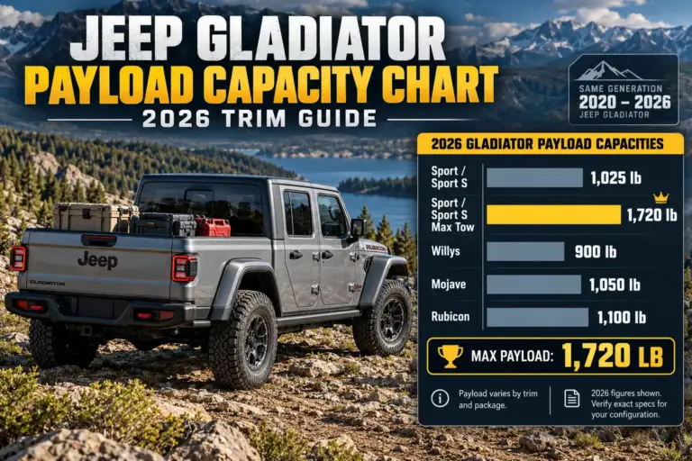 2026 Jeep Gladiator payload capacity chart comparing Sport, Sport S, Willys, Mojave, and Rubicon trims, with maximum payload up to 1,720 pounds