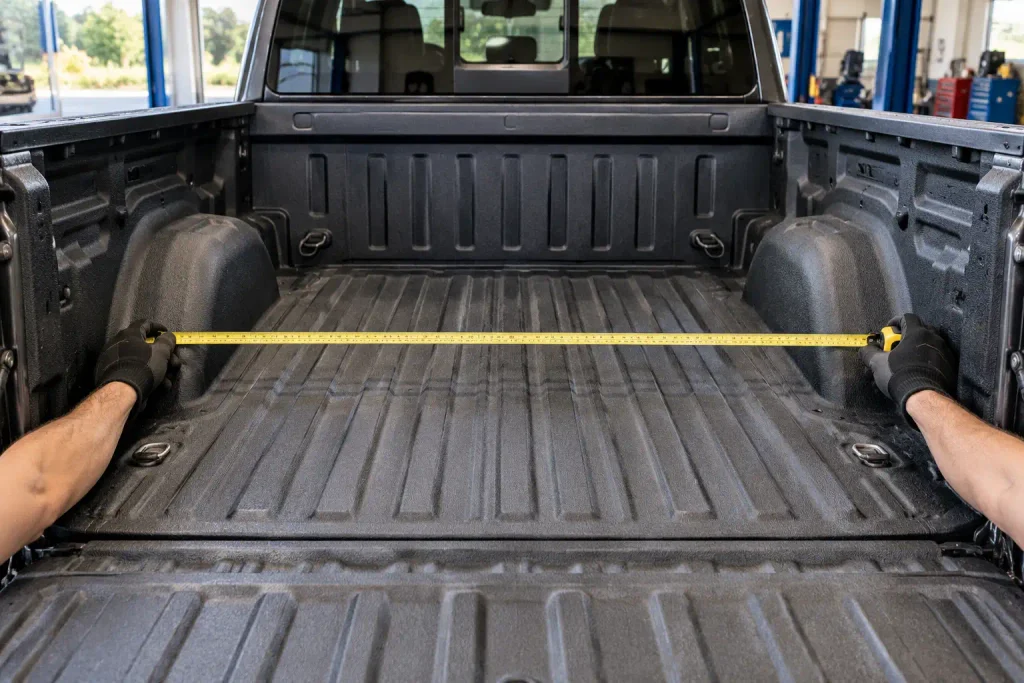 Measuring Jeep Gladiator bed width between the wheel wells with a tape measure