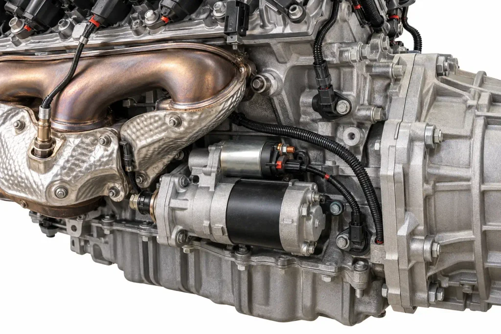 L87 crankshaft and knock sensor location diagram showing the right rear engine area