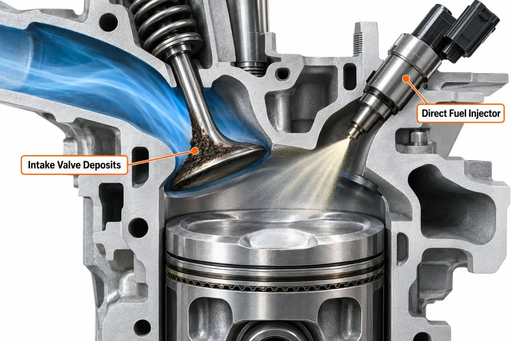 Simplified diagram showing direct injection and carbon deposits on intake valves