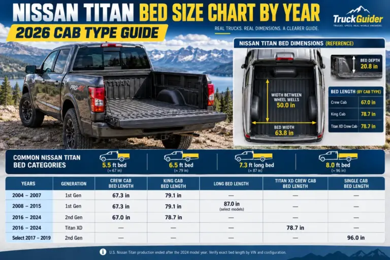 Nissan Titan bed size chart by year from 2004 to 2024, comparing Crew Cab, King Cab, and Titan XD bed lengths, widths, and cargo dimensions.