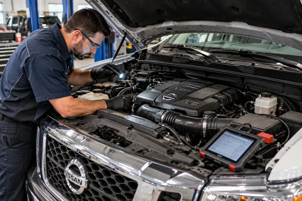 Mechanic inspecting a Nissan Titan V8 engine before a used-truck purchase