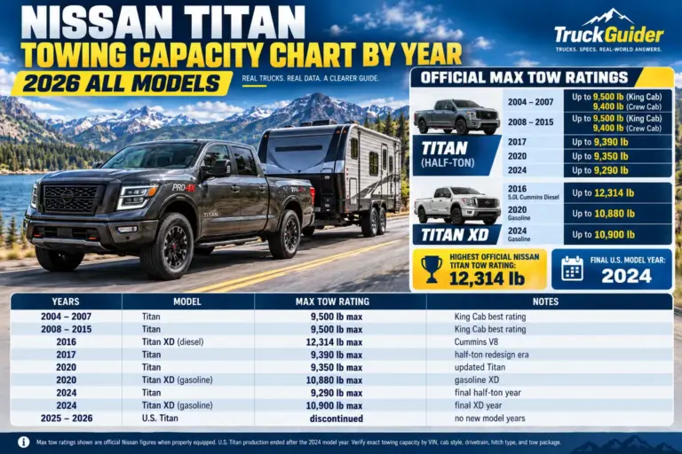 Nissan Titan towing capacity chart from 2004 to 2024, comparing Titan and Titan XD maximum towing ratings by year, engine, and model, including diesel and gasoline options