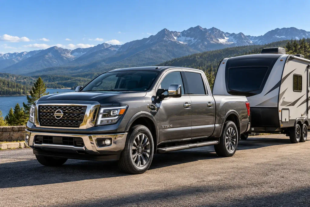 Nissan Titan towing a travel trailer for a towing capacity chart