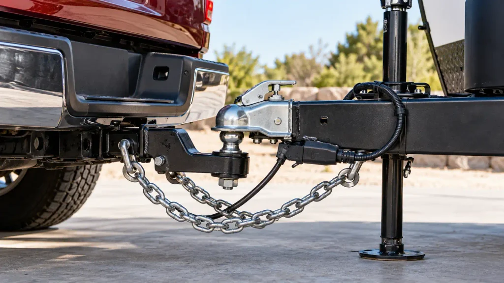Nissan Titan receiver hitch with trailer coupler and safety chains connected