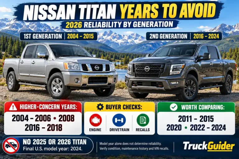 Nissan Titan years to avoid and reliability guide for 2026, comparing 2004–2015 and 2016–2024 generations, common problems, higher-risk years, and safer used truck options