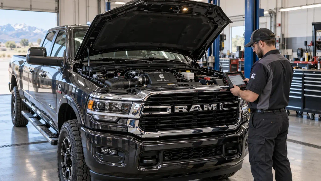 Ram 2500 6.7 Cummins engine bay during P0087 diagnostic inspection