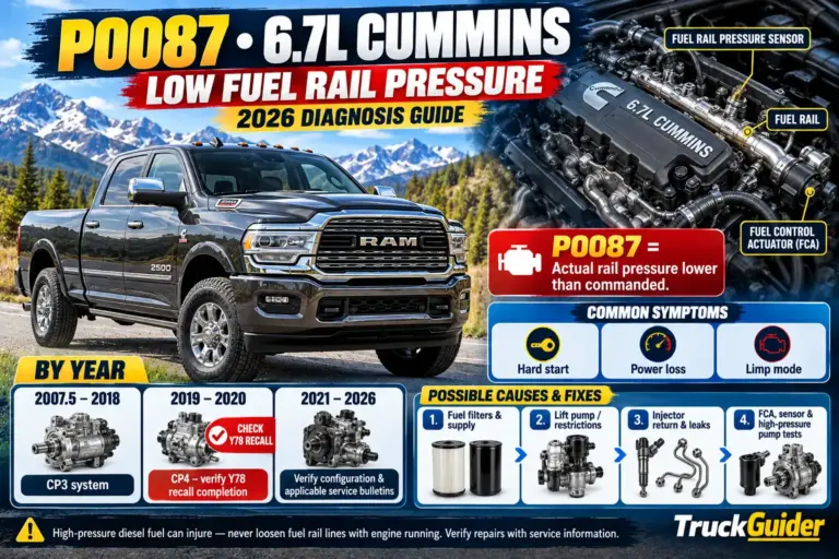 P0087 6.7L Cummins low fuel rail pressure guide through 2026, showing symptoms, fuel system components, CP3 and CP4 pumps, common causes, and diagnostic fixes