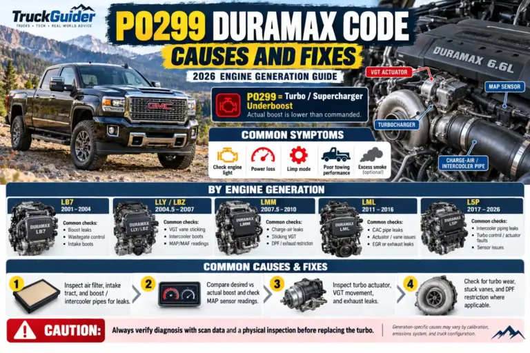 P0299 Duramax underboost code guide showing common causes, symptoms, turbocharger components, and diagnostic fixes for LB7, LLY, LBZ, LMM, LML, and L5P engines through 2026