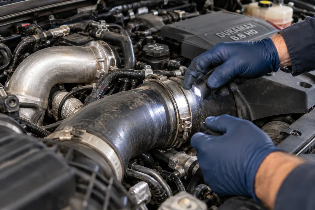 Mechanic inspecting Duramax charge-air hose and clamp for possible P0299 boost leaks