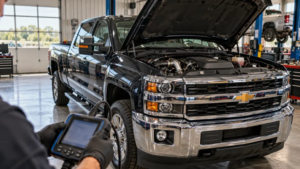 2019 Silverado 2500HD undergoing P0299 Duramax diagnostic inspection in a repair workshop