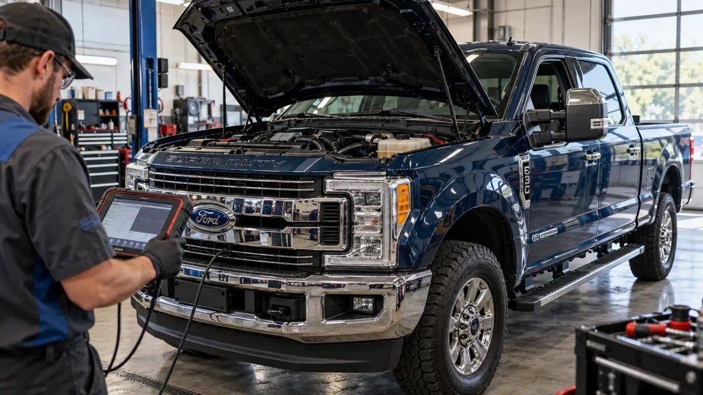 Ford Super Duty 6.7L Power Stroke undergoing P2002 diagnostic scan in a workshop