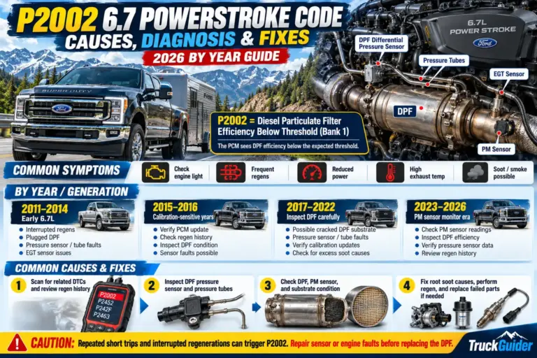 P2002 6.7 Powerstroke code diagnosis and fixes by year through 2026, showing DPF sensor locations, common symptoms, causes, and repair steps.