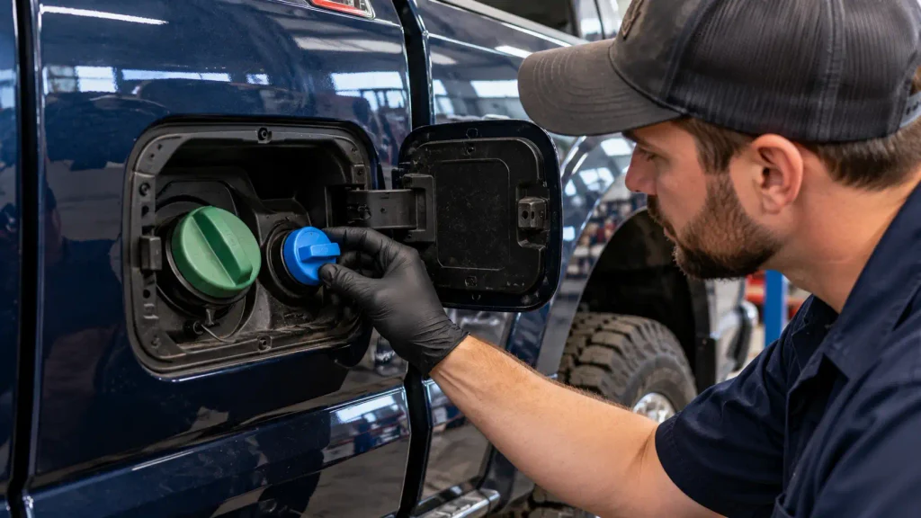 Technician inspecting the blue DEF filler cap on a Ford F-250 Powerstroke