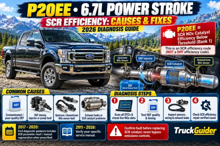 P20EE 6.7 Powerstroke SCR efficiency code guide showing DEF system components, NOx sensors, common causes, diagnostic steps, and fixes through 2026