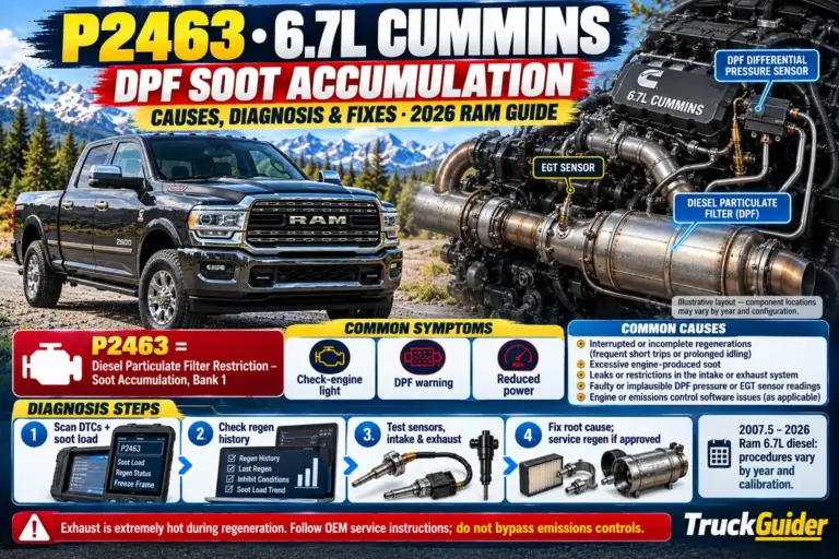 P2463 6.7L Cummins code diagnosis guide for Ram trucks through 2026, showing DPF soot buildup, common symptoms, causes, sensors, and repair steps