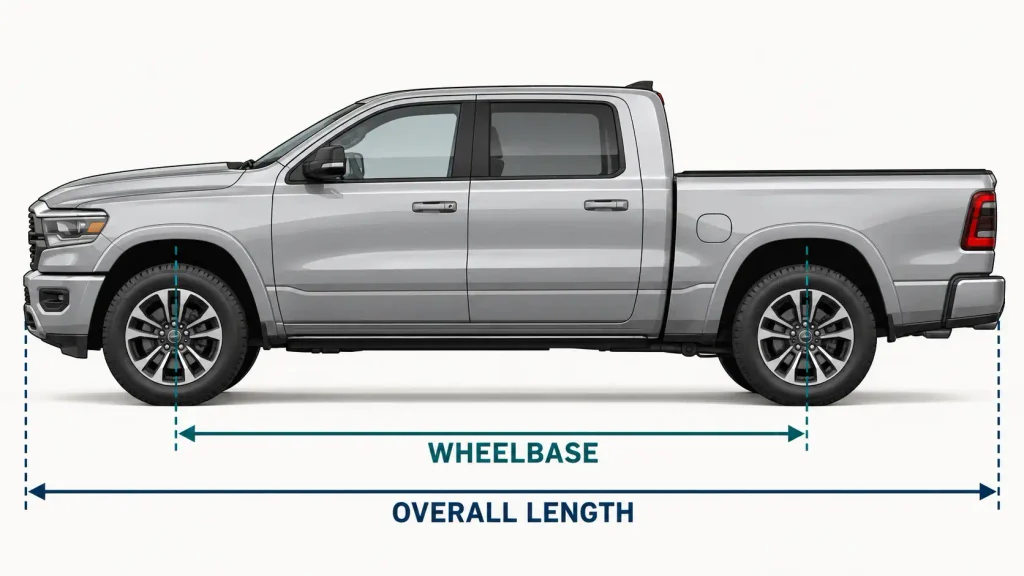 Ram 1500 side diagram showing wheelbase between axles and overall length