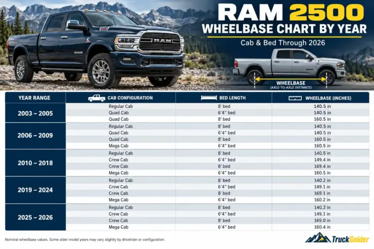 Ram 2500 wheelbase chart from 2003 to 2026, comparing wheelbase dimensions by Regular Cab, Quad Cab, Crew Cab, Mega Cab, and bed length