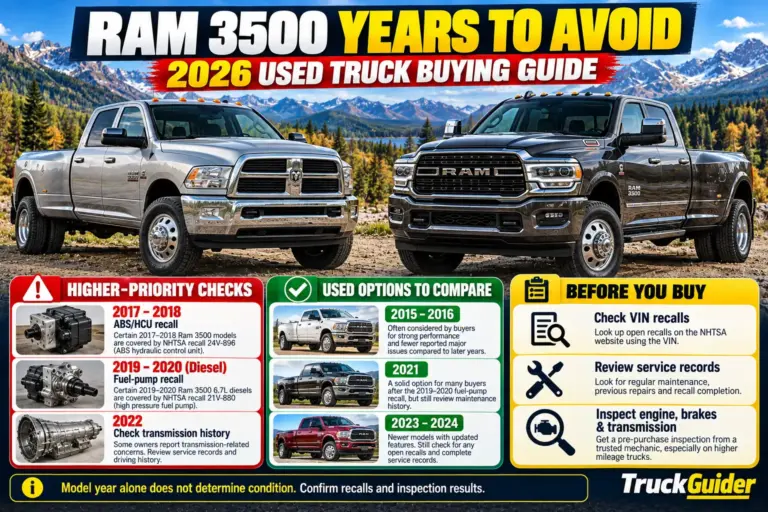 Ram 3500 years to avoid and safer used truck choices for 2026, comparing recall concerns, common problems, and recommended model years from 2015 to 2024