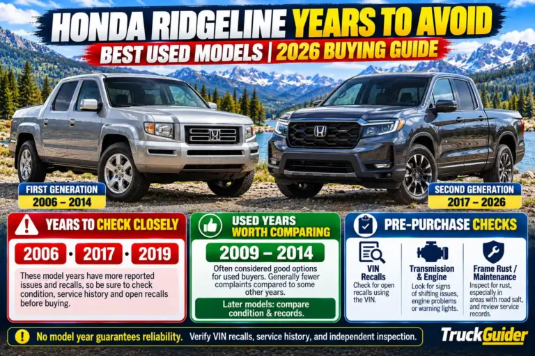 Honda Ridgeline years to avoid and best used models guide for 2026, comparing 2006, 2017, and 2019 problem years with 2009–2014 options and reliability checks