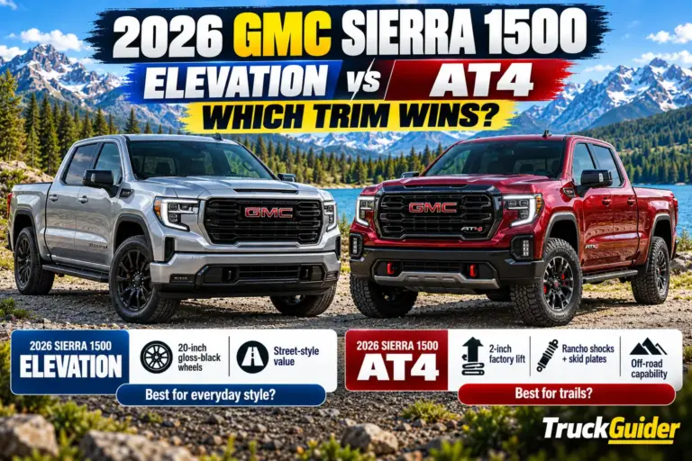 2026 GMC Sierra 1500 Elevation vs AT4 comparison showing exterior styling, 20-inch wheels, off-road suspension, factory lift, and key trim differences