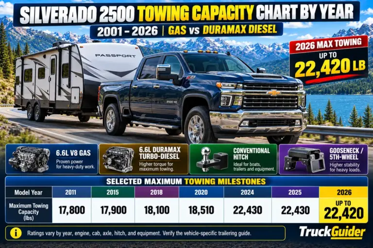 Chevy Silverado 2500 HD towing capacity chart from 2001 to 2026, comparing gas and Duramax diesel engines, conventional and fifth-wheel towing ratings