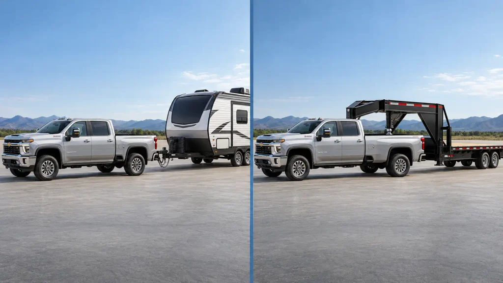 Side-by-side Silverado 2500HD conventional receiver and bed-mounted gooseneck hitch connections