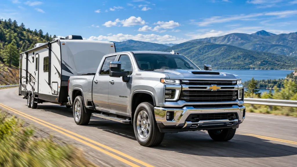 Chevrolet Silverado 2500HD towing camper, illustrating Silverado 2500 towing capacity by year