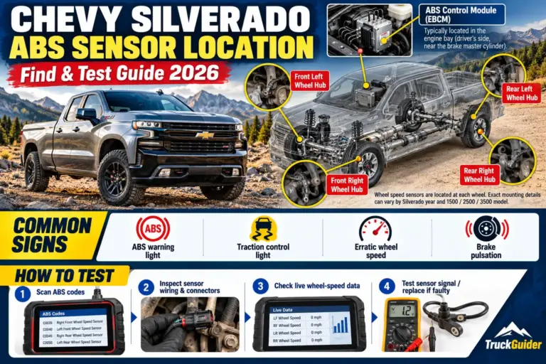 Chevy Silverado ABS sensor location diagram showing front and rear wheel speed sensors, ABS control module, warning signs, and testing steps for 2026
