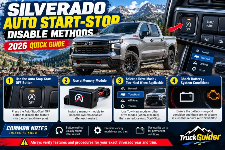 Chevy Silverado auto start-stop disable methods for 2026, showing the OFF button, memory module, Tow/Haul mode, and battery system checks