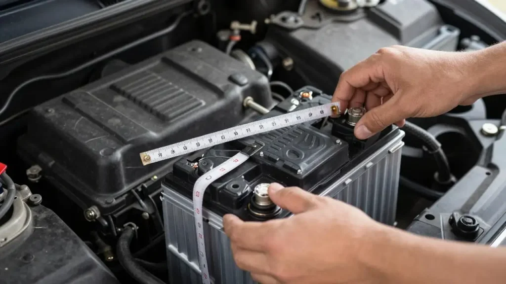 Silverado battery tray showing terminal positions and hold-down clearance inspection