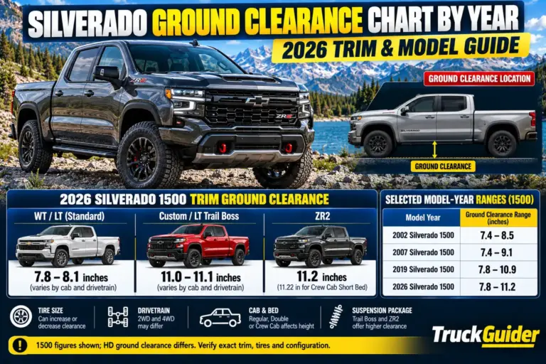 Chevy Silverado 1500 ground clearance chart by year through 2026, comparing WT, LT, Trail Boss, and ZR2 trims, suspension heights, and clearance dimensions