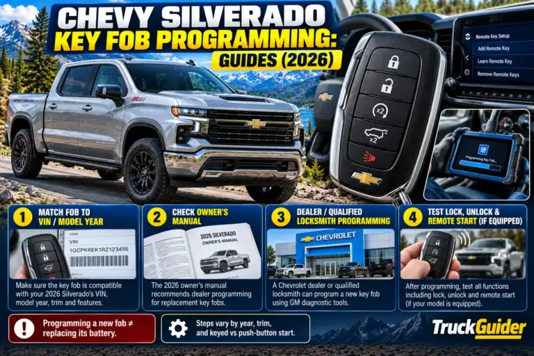Chevy Silverado key fob programming guide for 2026, showing remote key setup, VIN compatibility, owner's manual instructions, locksmith programming, and key fob testing