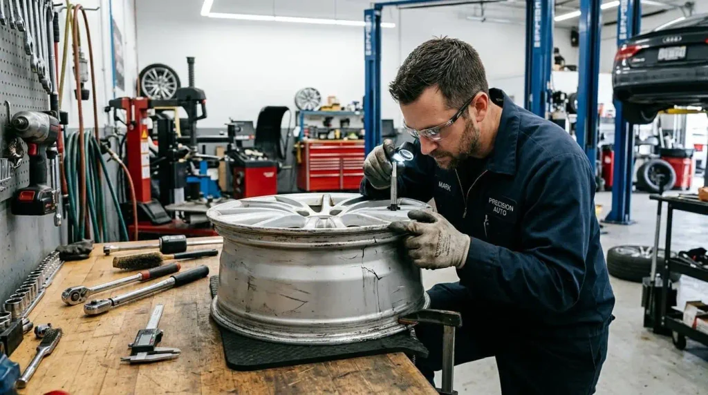 Technician inspecting the back of a Silverado alloy wheel for size and offset markings.