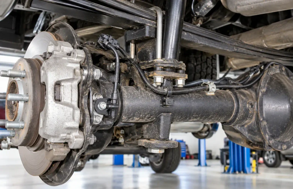 Rear wheel speed sensor mounted on a Silverado axle with its wiring harness