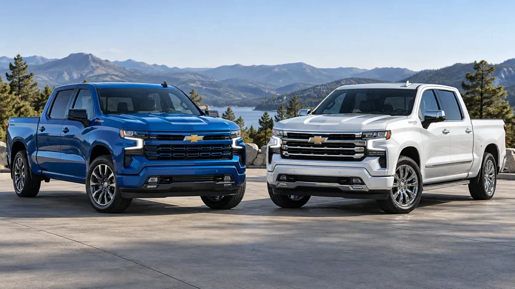 2026 Silverado RST vs High Country trucks shown side by side outdoors