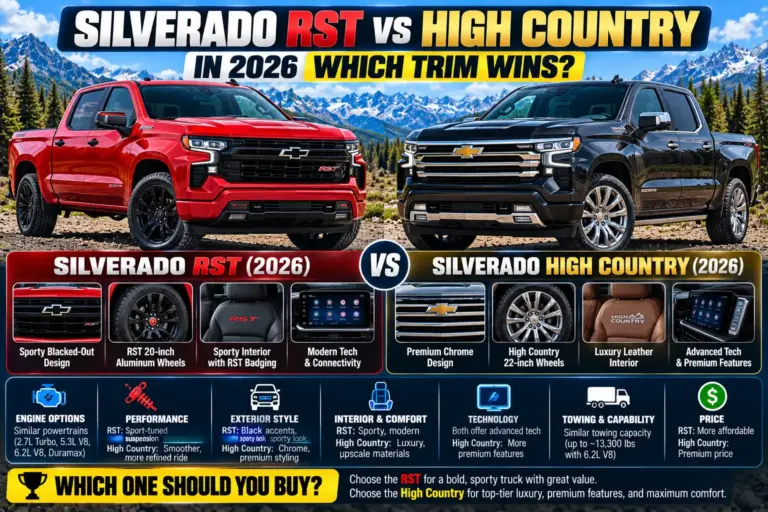 2026 Chevy Silverado RST vs High Country comparison showing exterior styling, wheel designs, interior comfort, technology, engine options, towing capability, and pricing differences