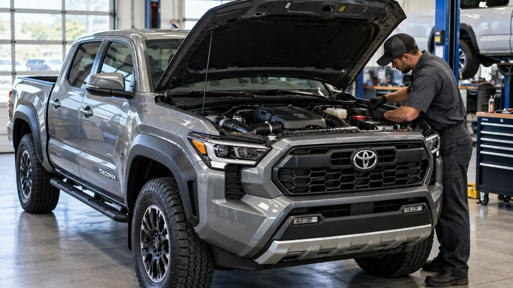 2024 Toyota Tacoma with open hood illustrating 2.4 turbo problems and inspection